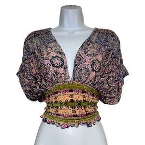 Free people boho multi-coloured paisley print crop top with ruffle hem